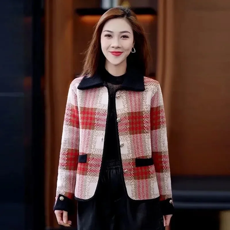 

New Fashion grid Woolen Coat For Momen Short Spring Autumn Winter Thick Single-Breasted Jacket Top Blended Woolen Coat Female