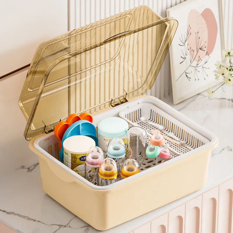 

Baby Bottle Organizer with Lid, Dustproof Moisture-Proof Drain Rack, Removable Basket, Separate Cup, Large Capacity Storage