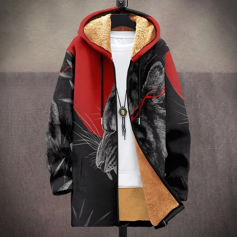 Men Cardigans Coats Cherry Blossom Mount Fuji Printed Plush Thick Winter Art Graphics Jackets Casual Streetwear Unisex Clothing