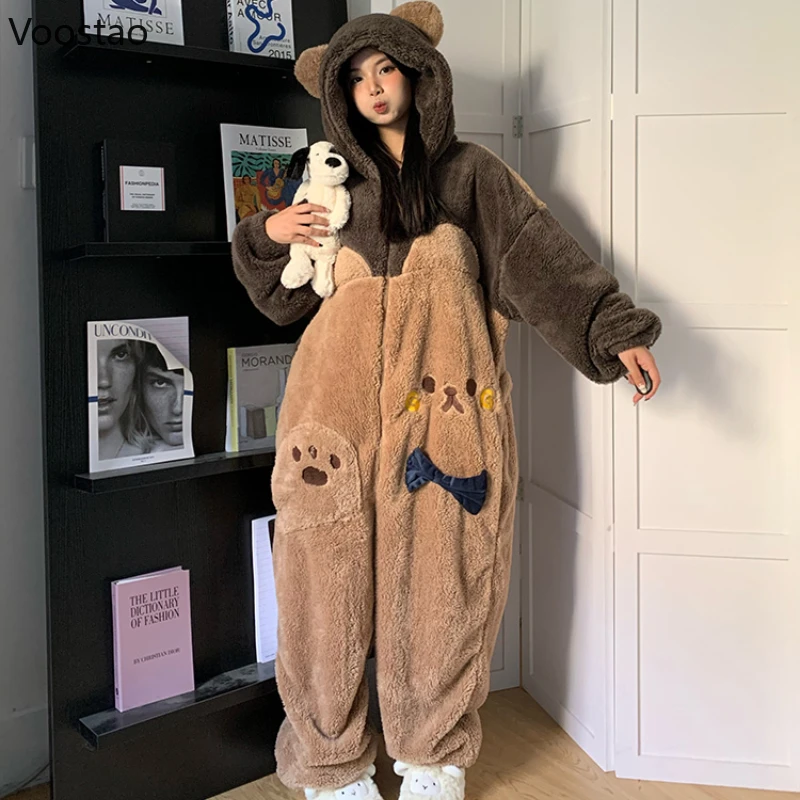 Dulce oso con capucha Onesies pijamas de mujer lindo Pijama de invierno de lana ropa de dormir cálida Kawaii señora pijamas mono ropa de casa