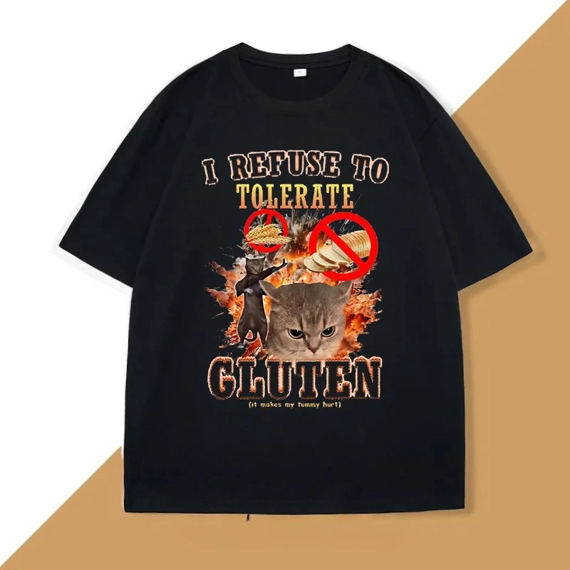 

I Refuse Gluten Intolerance Funny Cat T-shirts Women's Casual T-shirts Women's Streetwear Graphic T Shirts Summer Streetwear Y2K