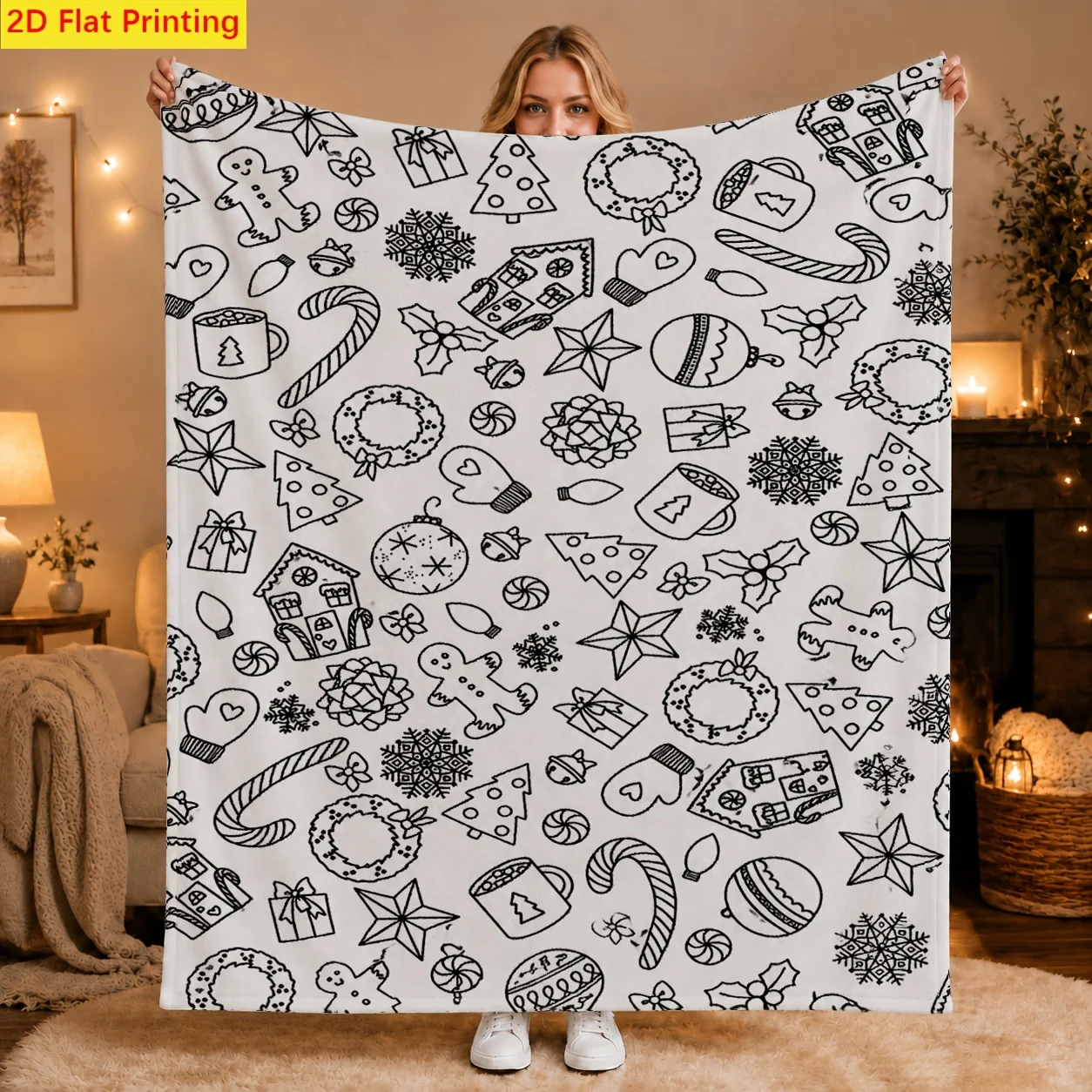 1pc 2D Flat Printing Christmas Repeating Elements Line Art Blanket, Soft & Machine Washable, for Sofa, Bed, Office, Camping