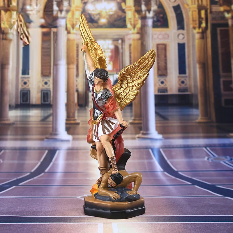 Saint Michael Resin Statue, Angel Sculpture Decoration, Archangel Defeated Lucifer, Tramples Demon Figurine, 31cm