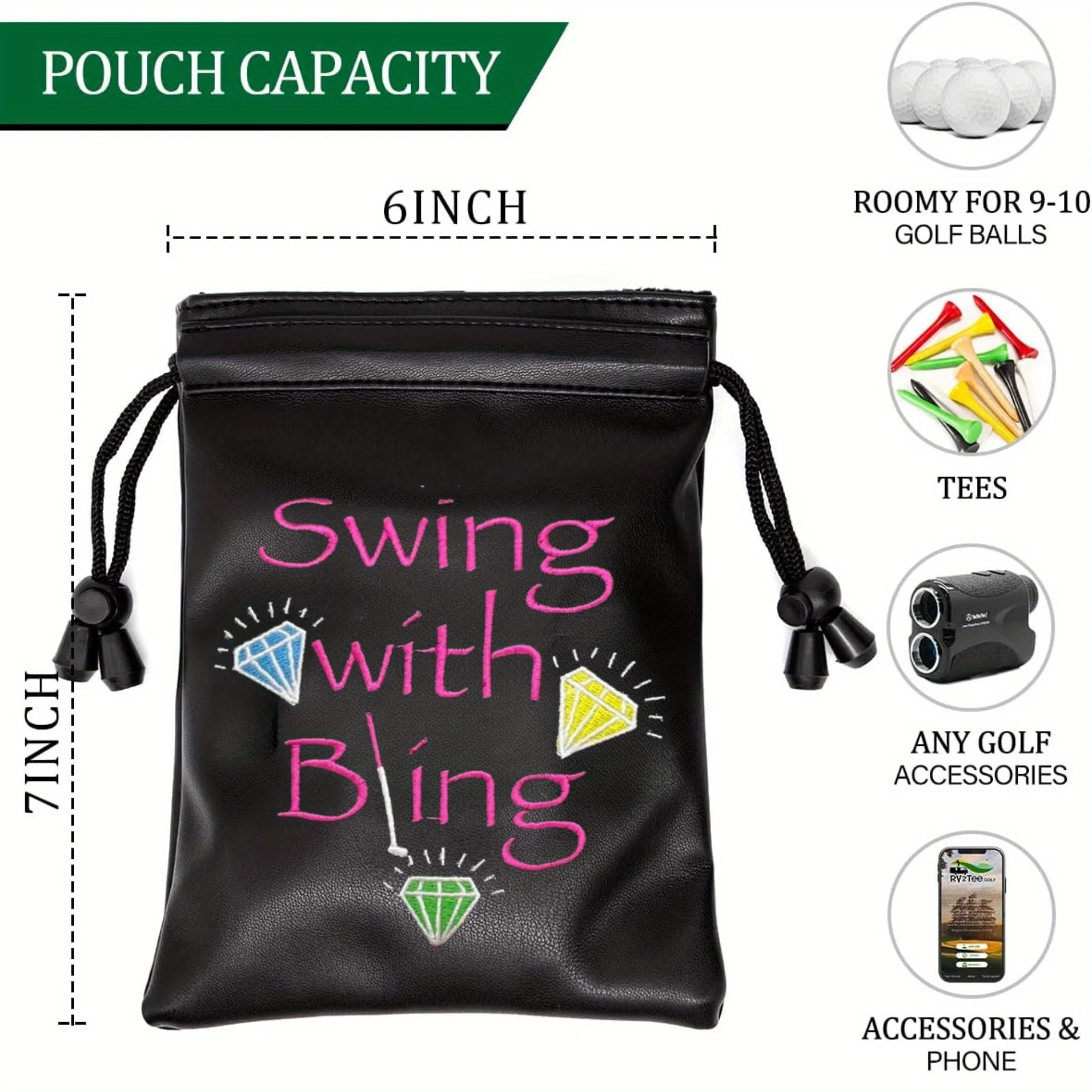 Swing with Bling Durable & Waterproof Golf Valuables Pouch, Golf Tee Pouch with Drawstring Closure, Accessories for Dad