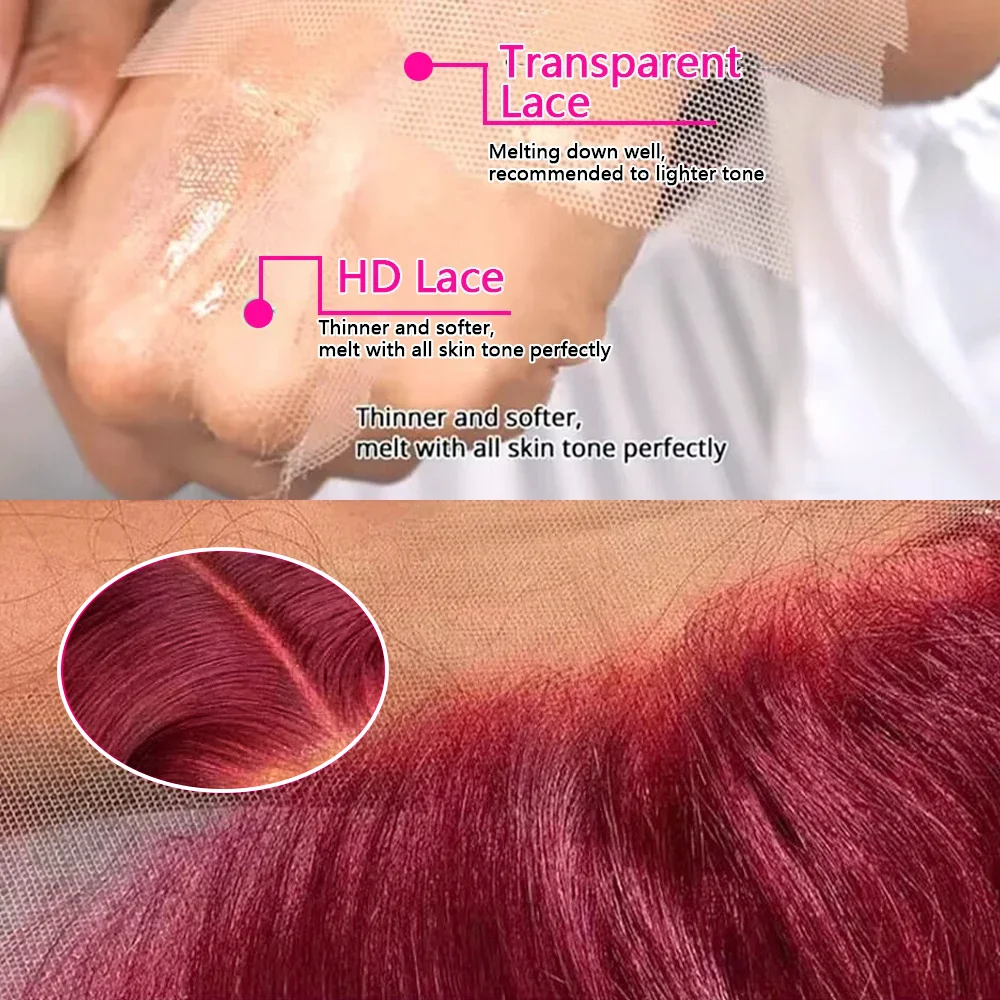 Burgundy 13x4 13x6 HD วิกผมลูกไม้ด้านหน้าด้านหน้า 99j 40 42 นิ้ว Body Wave HD โปร่งใสลูกไม้ด้านหน้าวิกผมผมมนุษย์ Pre Plucked วิกผม