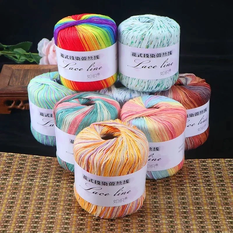 Cotton Lace Yarn for Knitting, Crochet Thread, Worsted 100% Algodon, Rainbow Color, Sweater Scarf, 40g,