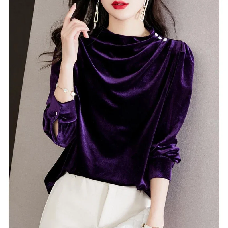 Women French Vintage Purple Elegant Chic Gold Velvet T Shirt Autumn Winter Fashion Ruffled O Neck Long Sleeve Pullover Tops B132