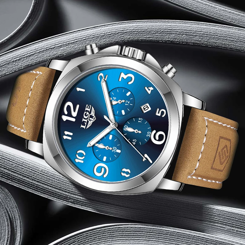 LIGE Casual Leather Watches For Men Top Brand Luxury Big Dial Watch Men Fashion Waterproof Luminous Date Chronograph Clock Male