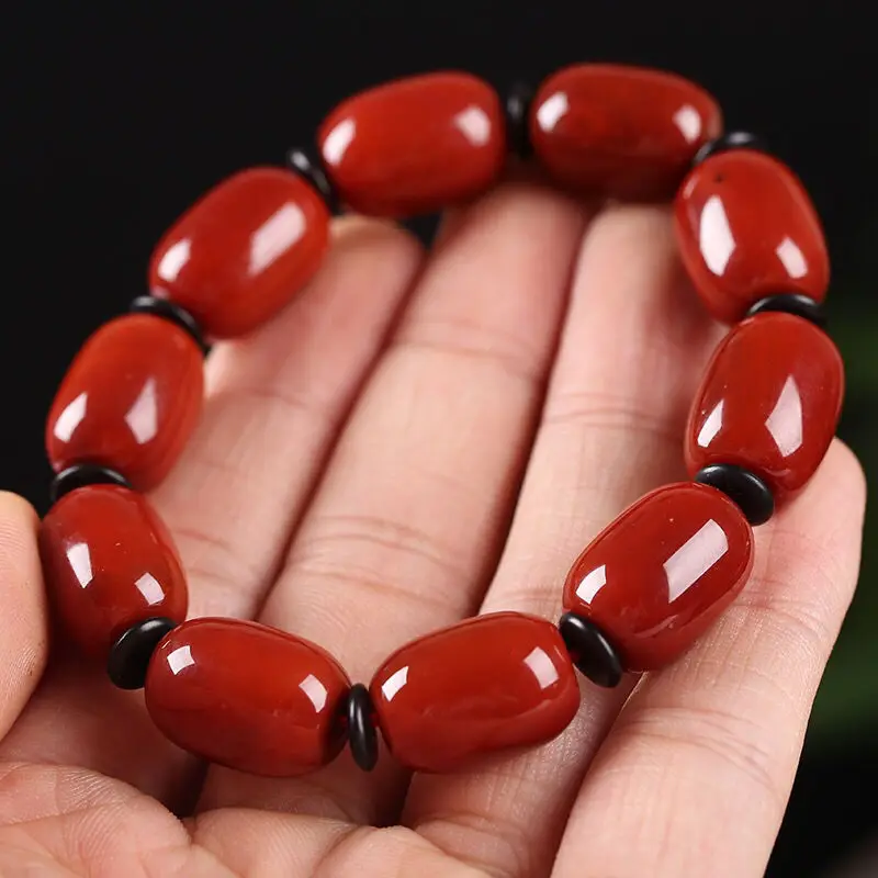 Pure natural Liangshan South Red Agate Bucket Bead Bracelet Flame Red Entwined Silk Pattern Men's and  Flawless with Sky Eye