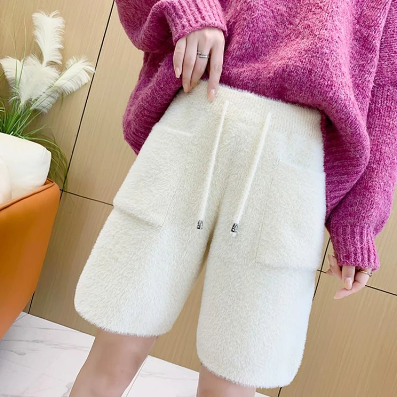 기질 패션 가을 겨울 새로운 모직 여성 솔리드 탄성 높은 허리 주머니 Drawstring 세련된 느슨한 a 라인 와이드 레그 반바지