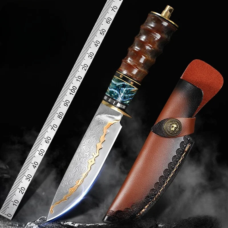 

RHON 3.89inch Outdoor Fixed Blade Knife Copper Damascus Steel Mammoth Stone Cow Horn Handle Camping Hunting Straight Knives