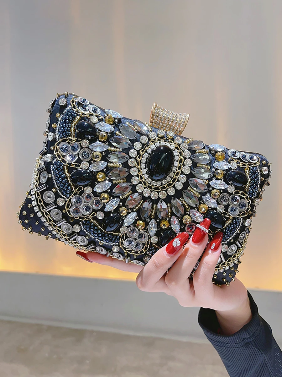 Beaded Rhinestone Evening Bag Elegant Box Clutch Purse Women\'s Wedding Handbags For Party Prom