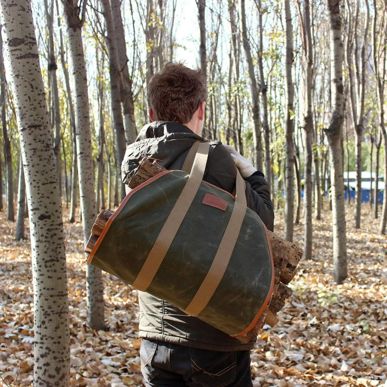 Portador de leña, bolsa de almacenamiento de troncos de lona, gran capacidad con asas de madera