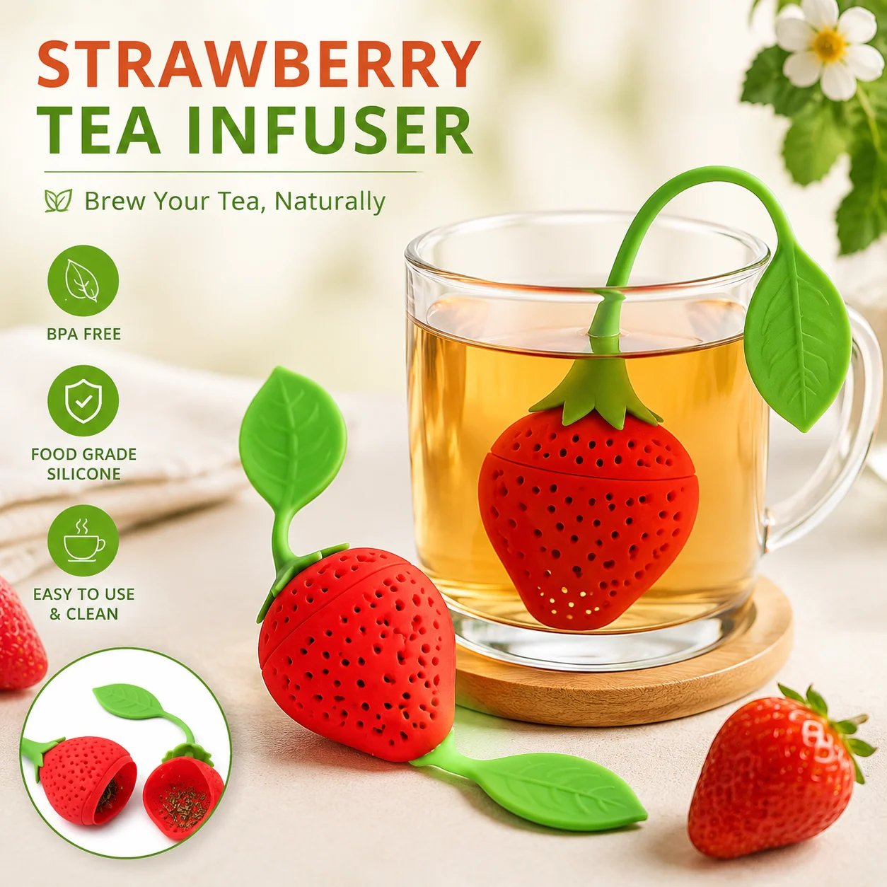 Food Grade Silicone Strawberry Tea Infuser Reusable Loose Leaf Strainer Herbal Spice Filter Cute Tea Accessories Teapot Gadget