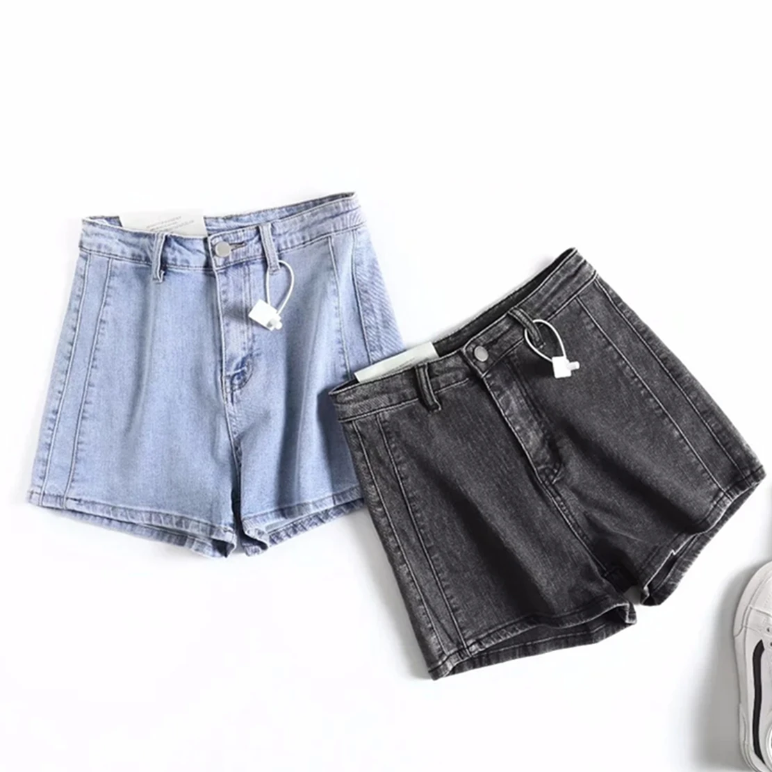 

Withered 2024 England Ins Fashion Blogger Vintage Patchwork High Waist Elastic SKinny Bermuda Denim Shorts Women