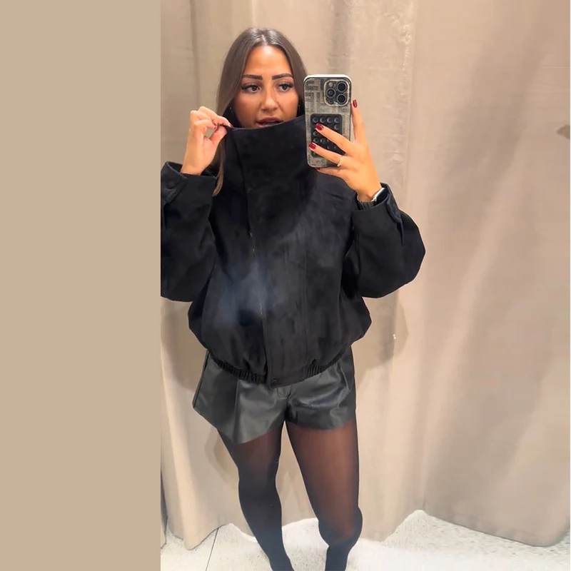 Oversize-Mäntel für Damen, Stehkragen, seitliche Knopfleiste, lange Ärmel, Jacken mit Reißverschluss, Herbst, Damen, geraffte, einfarbige, lockere Jacke, neue Oberbekleidung – Detail 9