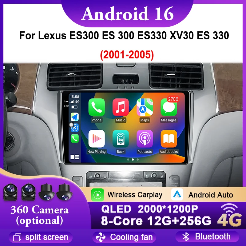 Android 16 Carplay Auto Screen Car Radio Multimedia Player For Lexus ES300 ES 300 ES330 XV30 ES 330 2001-2005 Autoradio Stereo