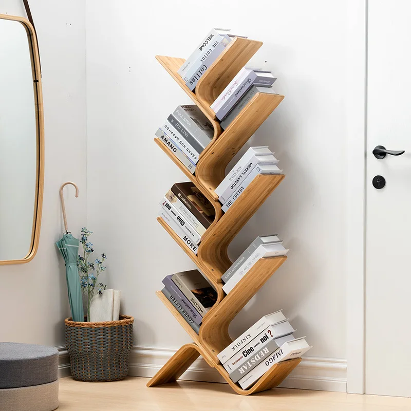 New curved tree shaped decorative bookshelf, living room floor standing decorative bookshelf, bamboo multi-layer storage rack