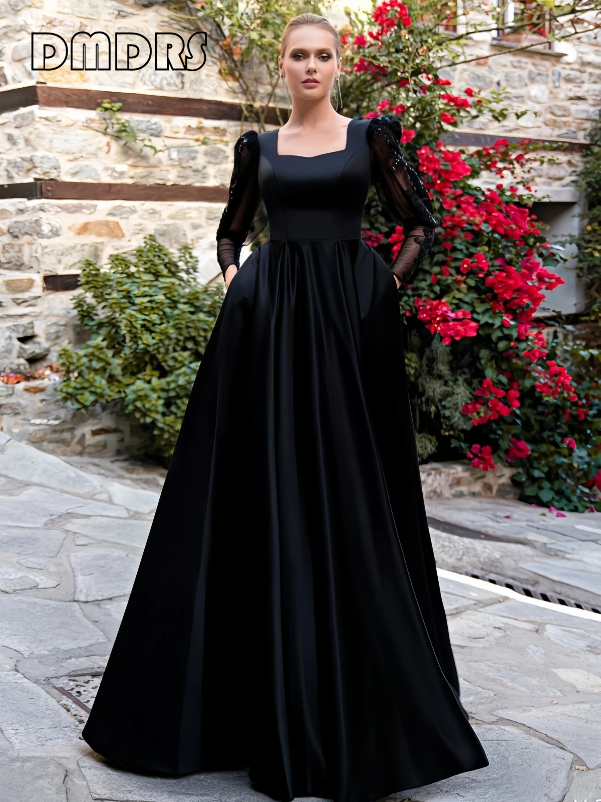 

Elegant Black Formal Dress for Women, Long Illusion Sleeves Satin Prom Dresses, Birthday Party Gown Customized Backless Gowns