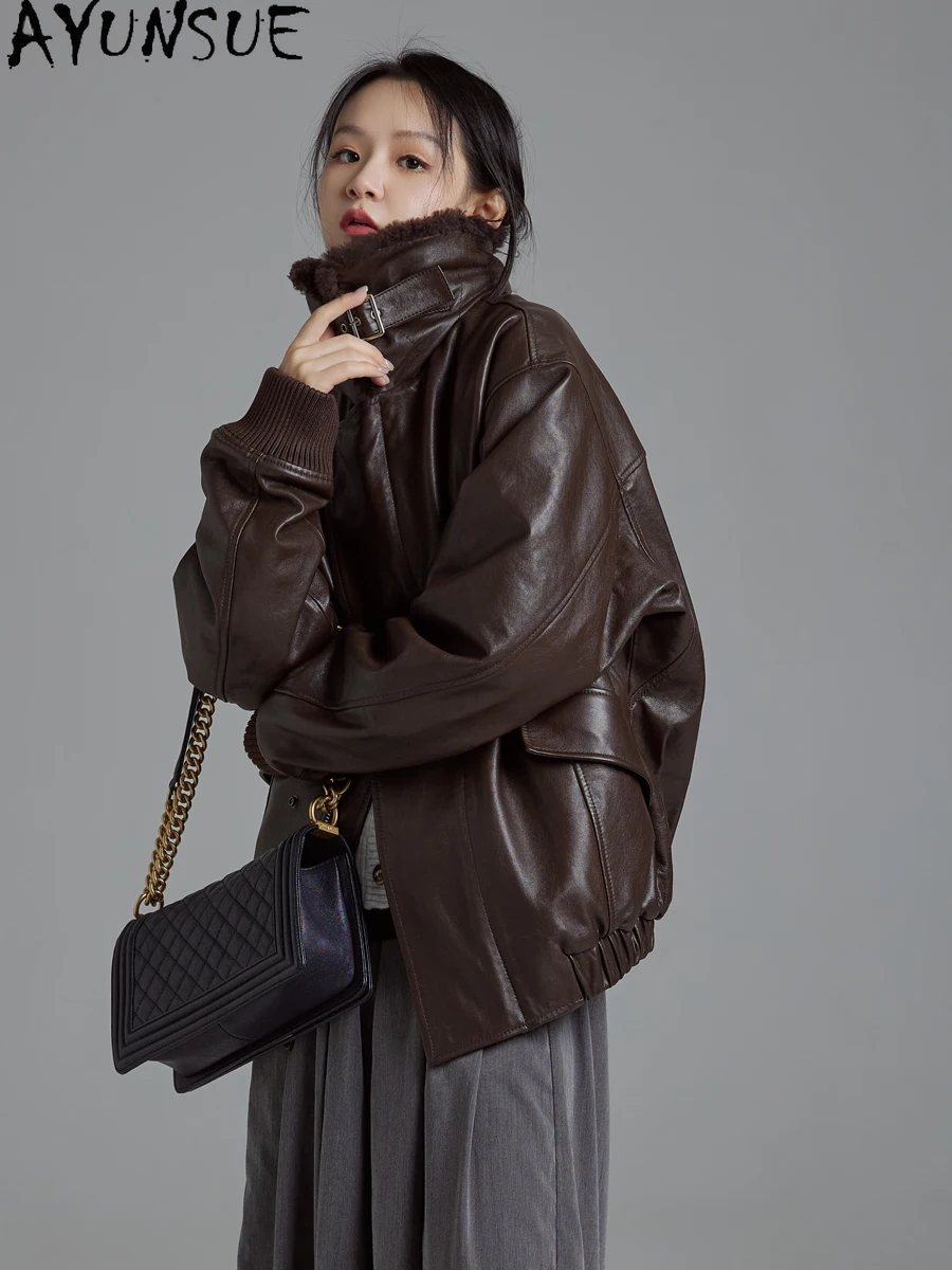 Ayunsue jaqueta de couro real mulher outono inverno jaquetas 2025 adicionar algodão genuíno casaco de pele carneiro feminino semi bronzeamento vegetal
