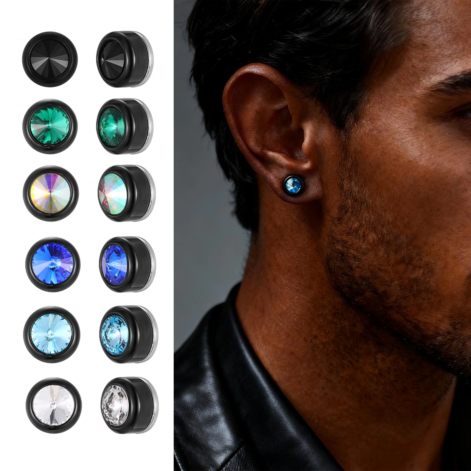 Magnetische Zirkon-Ohrstecker für Männer, 8mm Hypoallergene Edelstahl-Clip-Ohrringe ohne Piercing, Punk-Rock-Schmuck Geschenk