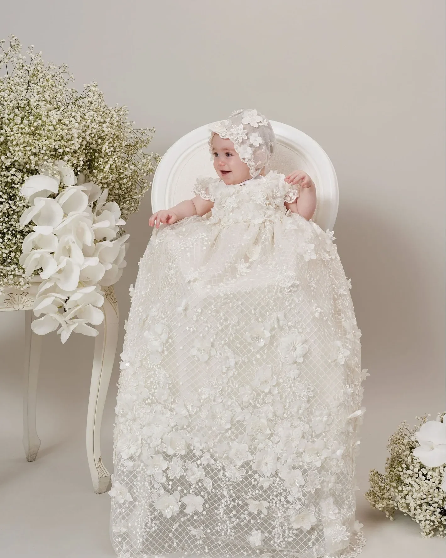 Luxury Lace Baby Christening Gowns Appliques 3D Floral Girls Baptism Customized Newborn Toddle Birthday First Communion Dresses
