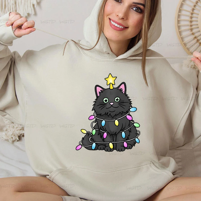 Women’s Graphic Funny Comic Black Cat Christmas Long Sleeves Hoodies Casual Cartoon Creative Merry Christmas Female Sweatshirts