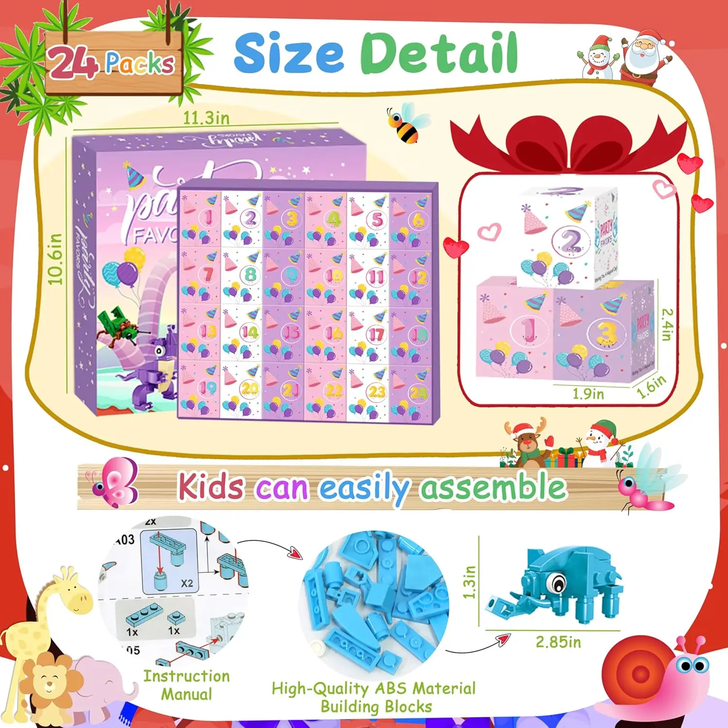 24 Packungen Tierbausteine, Countdown für Weihnachtsfeiern, Weihnachtsgeschenke für Kinder, Jungen und Mädchen im Alter von 4–12 Jahren
