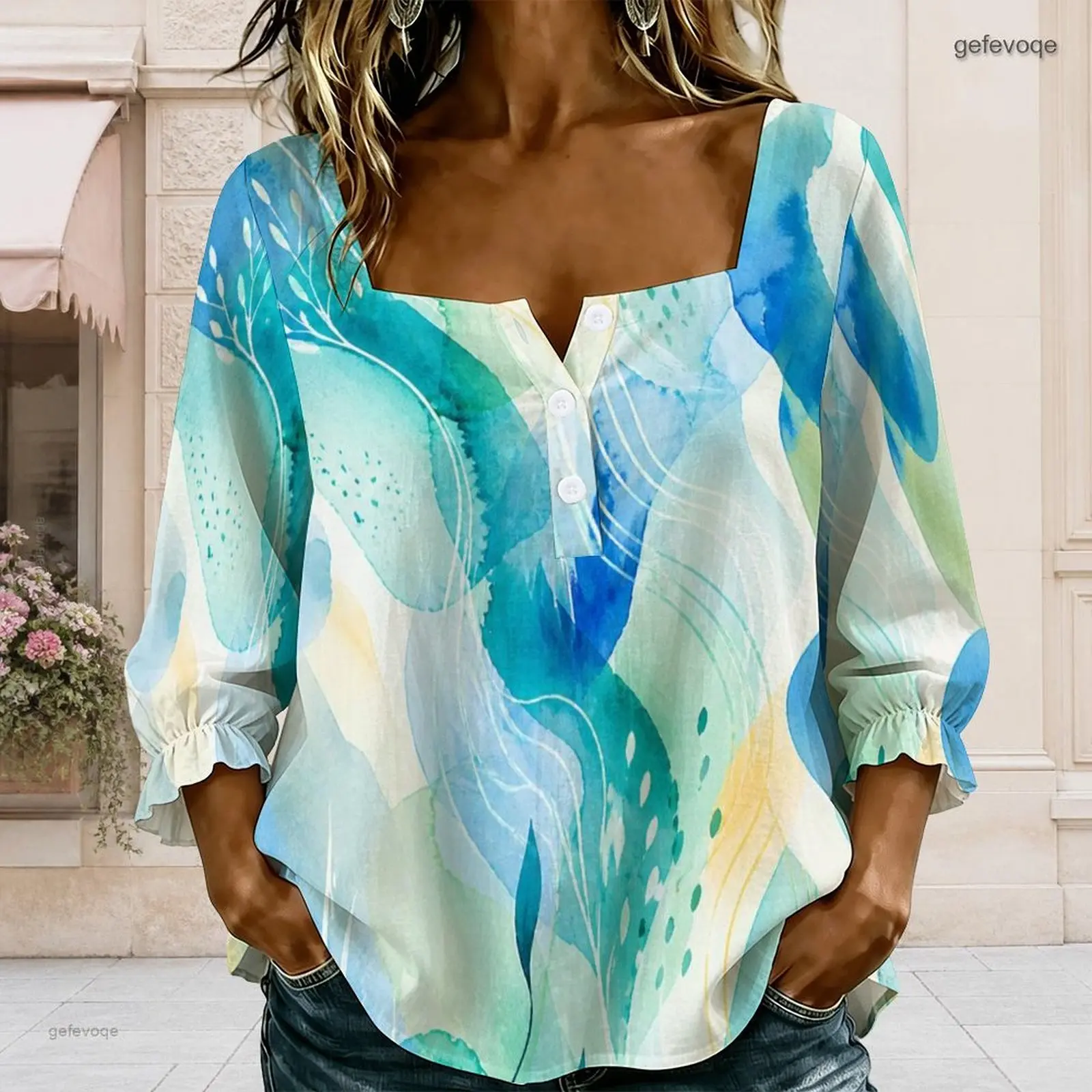 Women Printed Blouse Square Neck Button Detail Long Sleeve Ruffle Cuffs