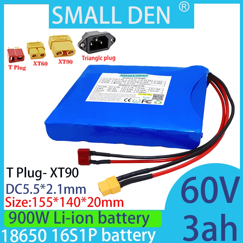 60V 3ah 18650 16S1P Rechargeable battery  lithium battery pack, 15A with BMS 750W 900W, used for power battery pack solar energy