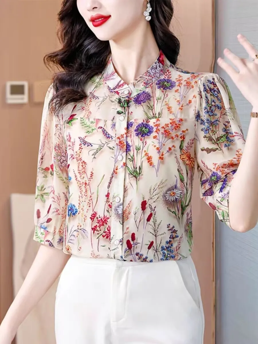 2025 estilo francês impresso flor respirável primavera verão mulher blusa topos feminino solto doce pradaria chique vibrante abordable