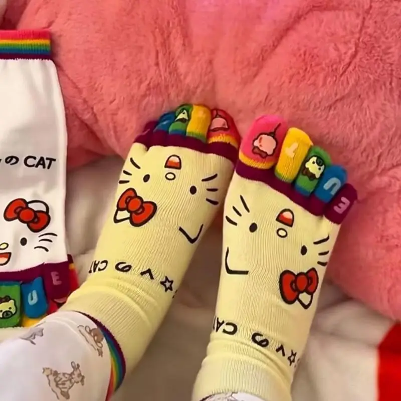 Kawaii Hello Kitty Toe Socks Anime Sanrio Cartoon Solid Color Kt Splitting Toes Socks Pure Cotton Student Funny Socks Girl Gifts