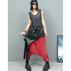 Trendy Cool Design Pant Set Women Outfit Sequin Vest + Patchwork Leather Big Crotch Harem Pants Two-piece Set 2024 Autumn LX2243