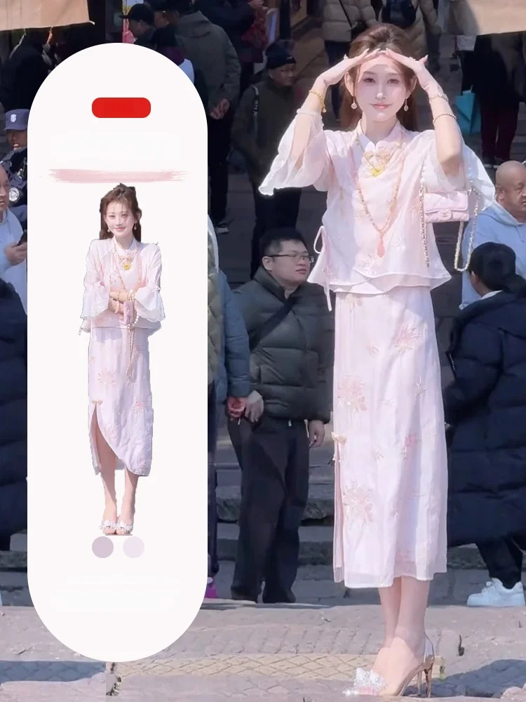 

Новый китайский кружевной топ и юбка с вышивкой в стиле дзен, комплект из двух предметов, элитный летний женский ансамбль Faion