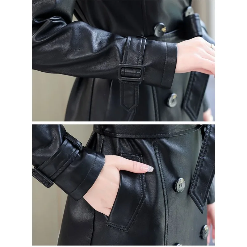 Nuevo gabardina de cuero con cuello de piel de zorro auténtica para mujer, abrigo largo por encima de la rodilla de piel de oveja para mujer, chaqueta de viaje con temperamento