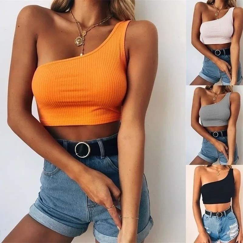 

Women Tank Crop Top Sexy Low-cut One Shoulder Midriff-baring Tank Tops Girls Sleeveless Halternecks Backless Camisole T Shirt