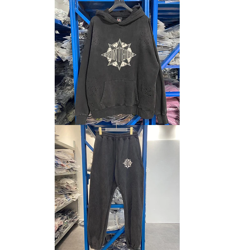 

Saint Pullover Hoodie American Casual Pants Street Vintage Wash Do Old for Male and Female Hoodie Set