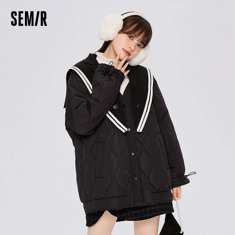 Semir Cotton Coat Women Mid-Length Navy Collar Fashion Trendy 2023 Winter New Black Loose Thick Cotton Jacket