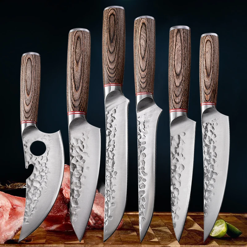 1-6 PCs Forged Kitchen Chef Knives 5Cr15Mov Steel Meat Fish Fruit Vegetables Slice Cleaver Boning Professional Butcher Knife Set