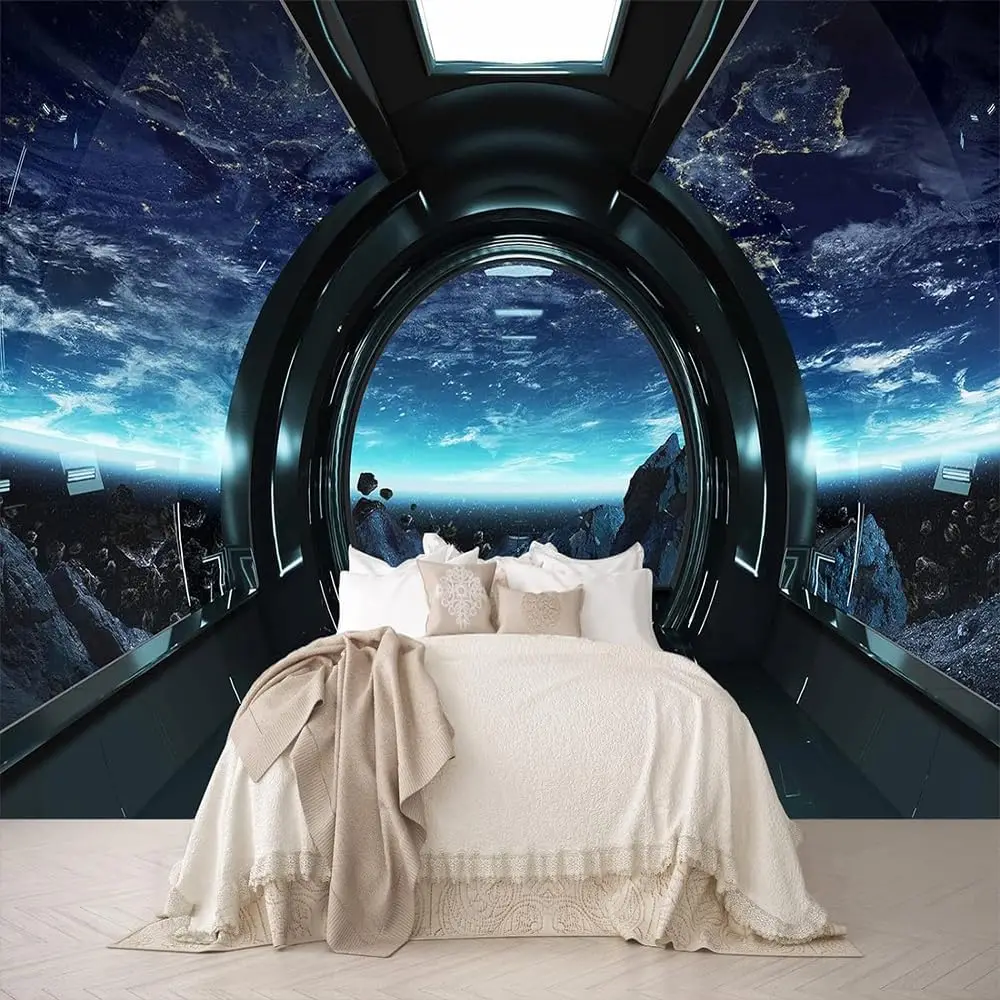 الخيال العلمي سفينة الفضاء نسيج محطة الفضاء المستقبلية كوكب الأرض جدار الفن لغرفة النوم غرفة المعيشة ديكور النوم
