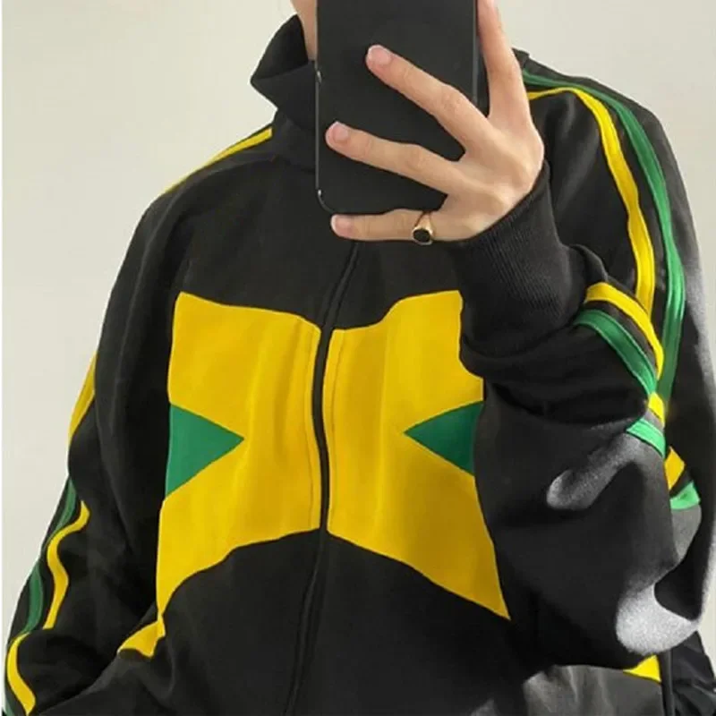Women\'s Vintage Jamaica Sweatshirt Letter Embroidered Street Men\'s and Zipper Grunge Goth 2000s Vintage Y2K Jacket Coat punk