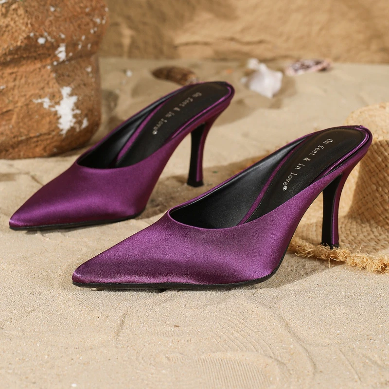 

Высококачественные атласные сабо на каблуке для женщин, осенние пикантные сандалии с острым носком, женские элегантные туфли-лодочки для банкетов и вечеринок с открытой спиной