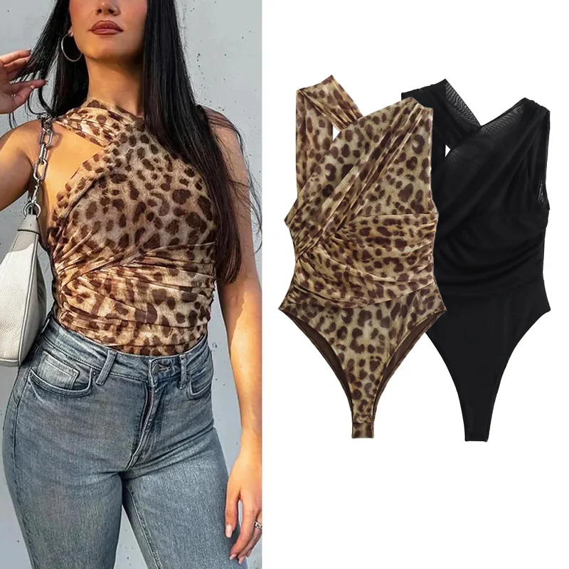 TRAF Bodysuit Women\'s Swimwear 2024 Summer Sexy Elegant Sleeveless Knitted Top Ladies Fashion Casual Leopard Black Bodysuit