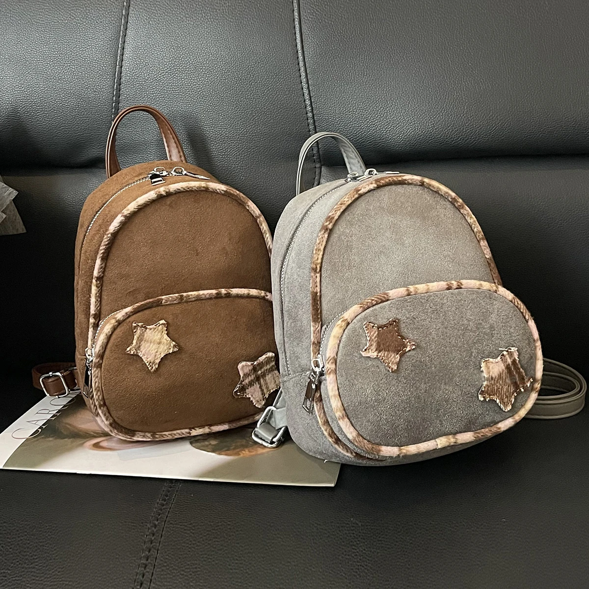 حقيبة ظهر كلاسيكية صغيرة من جلد الغزال الصلبة الناعمة متجمد التصحيح ستار الحقائب المدرسية سعة كبيرة الإناث عارضة التسوق لطيف الكتف حزمة #3