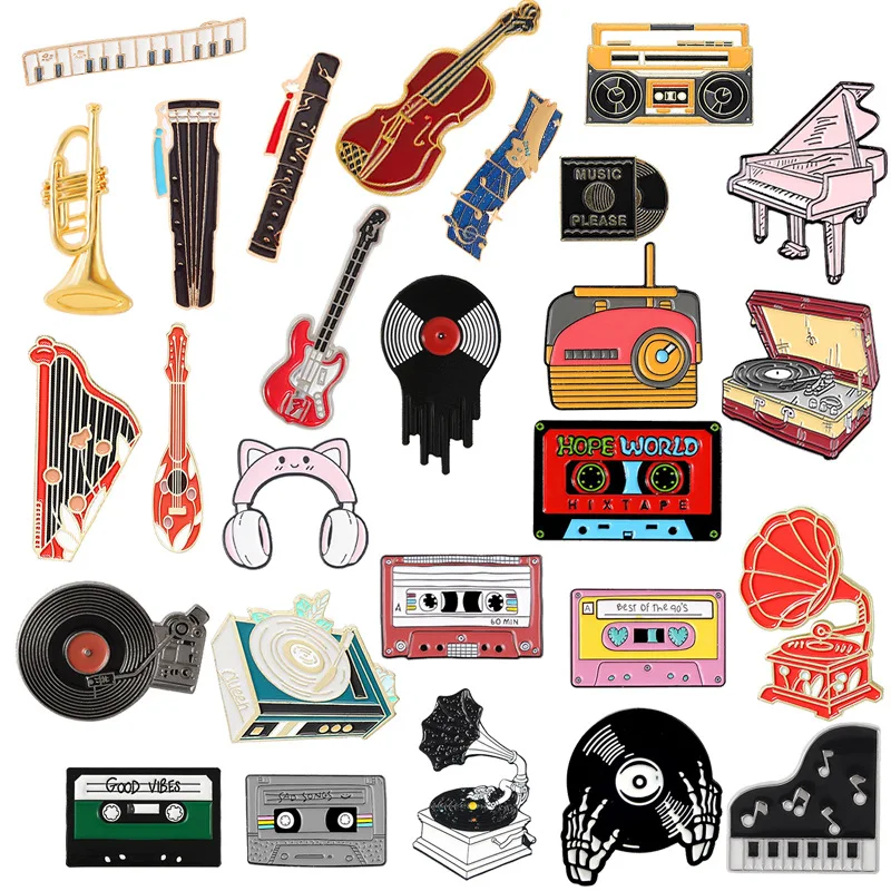 Musical Instrument Series Enamel Pins Custom Tape Piano Guitar Recorder Music Brooches Lapel Badges Fashion Jewelry Gifts