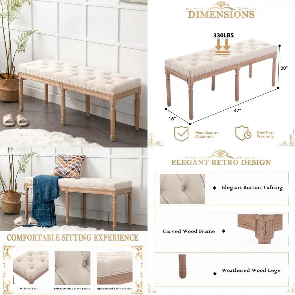 Vintage Tufted Upholstered Bedroom Bench, 47 French Style Entryway Dining Bench with Cushion, Linen Fabric, End of Bed Seating O