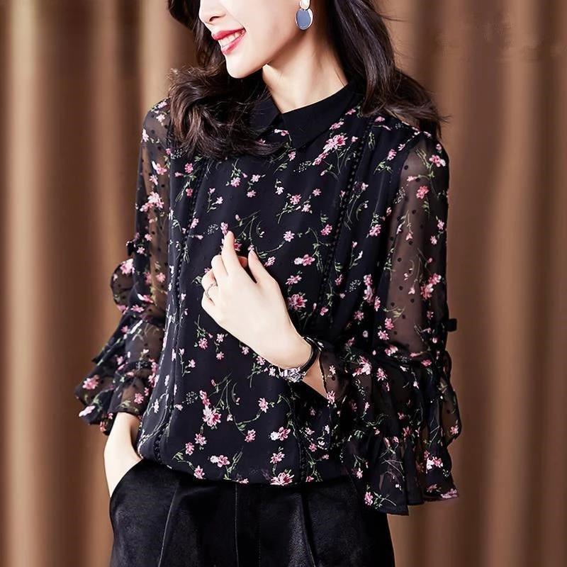 

2024 Spring New Fashion Slim Fragmented Chiffon Blouses Long Sleeved Shirt Women's Korean Edition Doll Neck Flounce Top Shirts