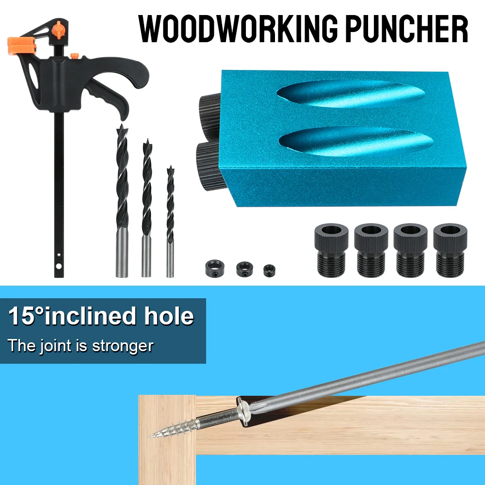 15 Degrees Pocket Hole Jig Kit With Drill Bit Set Hole Puncher 7/14/15Pcs Woodworking Hole Drilling Guide Locator