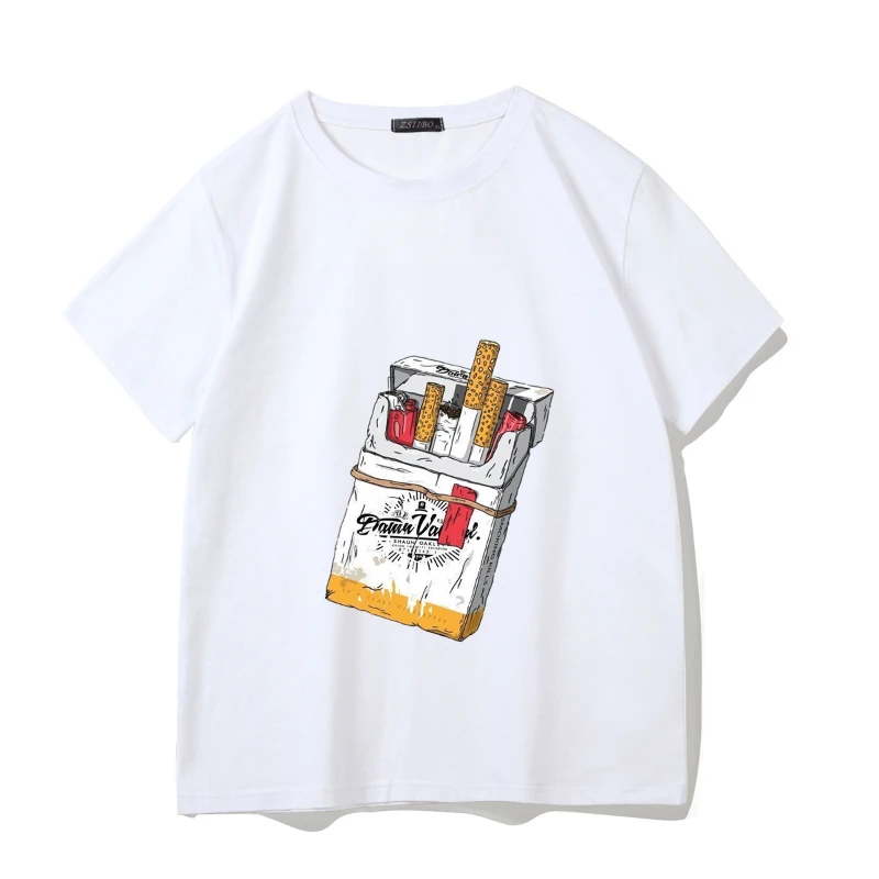 

2025 summer street fashion retro T-shirt Gothic solid color cigarette paper print hand-painted pattern loose casual punk top Y2k