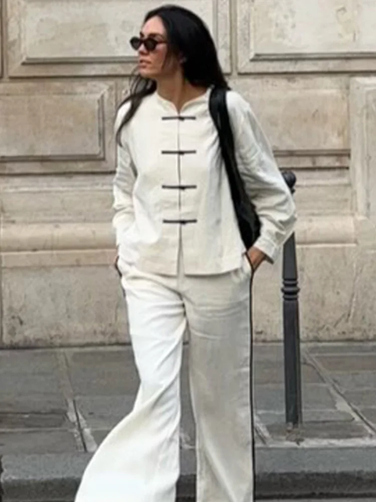 

Women Kimono Jacket Wide Leg Pants Set Solid New Chinese Style Fashion Loose Fit Casual Street Outfit 2026 Vacation Pants Suits